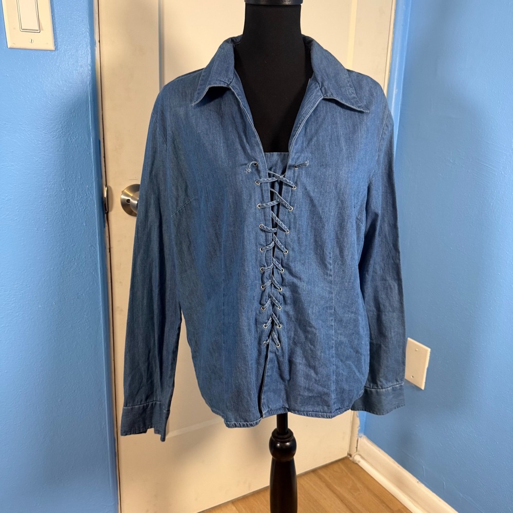 Faded Glory Womens XL Denim Cotton Lace Up Front Long Sleeve Shirt Western Boho